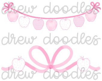 Watercolor Green Patterned Apple Banner and Bow Digital Clip Art Set- Instant Download
