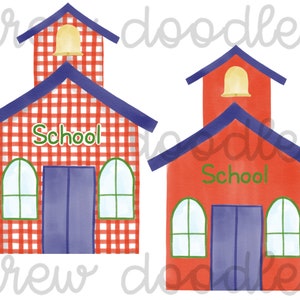 Conjunto de clipart digital de casas escolares de guingão vermelho em aquarela - download instantâneo