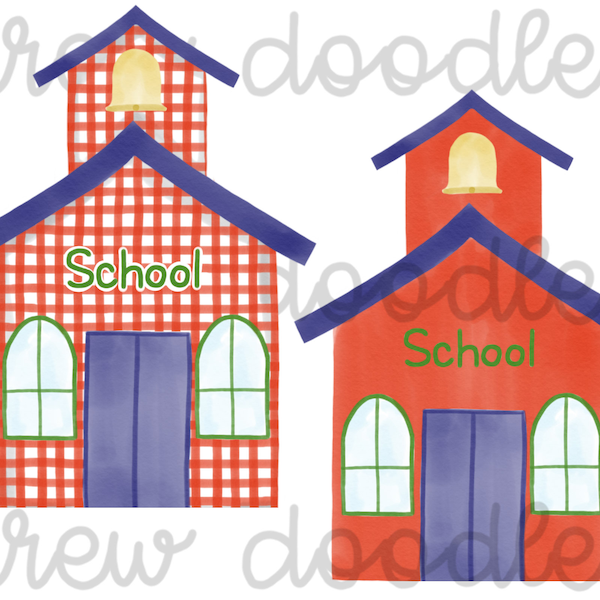 Watercolor Red Gingham School Houses Digital Clip Art Set- Instant Download