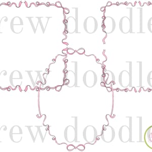 May include: Three digital frames formed by light pink ribbons with dark outlines. The set includes one large rectangular frame, one smaller square frame, and one oval frame, all featuring delicate bow accents at the corners and edges.