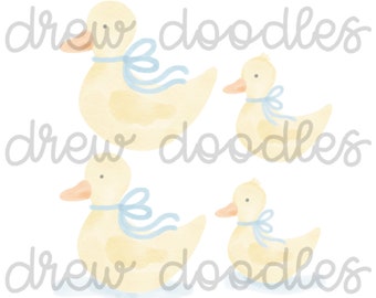 Watercolor Blue Bow Ducks- Digital Clip Art Set- Instant Download