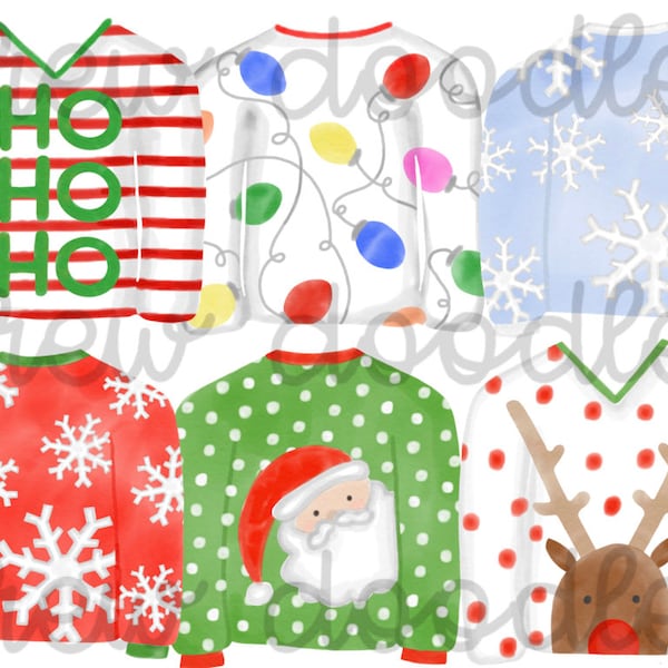 Watercolor Tacky Christmas Sweaters Digital Clip Art Set- Instant Download