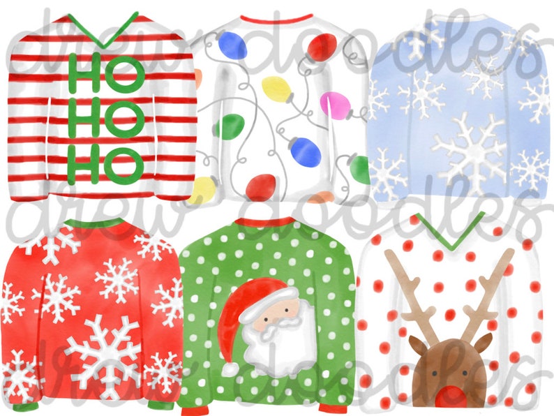 May include: Five different Christmas sweater designs. The sweaters are all white with different patterns. One sweater has red and white stripes with the words "Ho Ho Ho" in green. Another sweater has a red and white snowflake pattern. Another sweater has a green and white polka dot pattern with a Santa Claus face. Another sweater has a blue snowflake pattern. The last sweater has a white polka dot pattern with a reindeer.