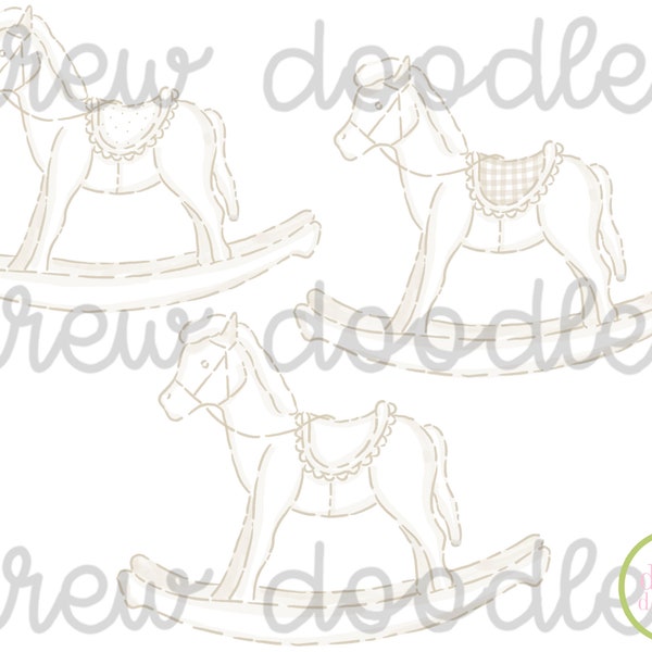 Watercolor Ivory Tan Gender Neutral Rocking Horses Digital Clip Art Set- Instant Download