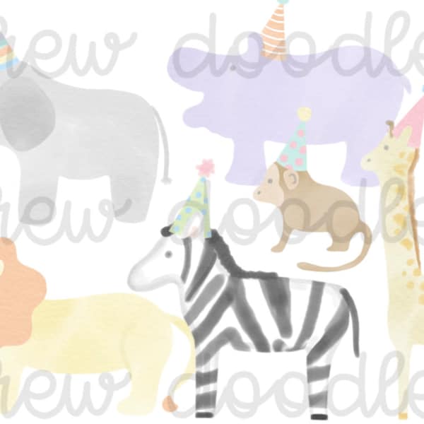 Watercolor Party Zoo Animals Digital Clip Art Set- Instant Download