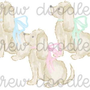 May include: Three watercolor illustrations of white dogs with different colored bows. The dogs are in various poses, with one sitting, one standing, and one looking to the side. The bows are light blue, light green, and pink.