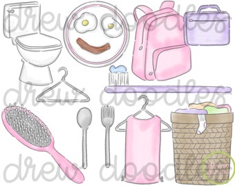 Watercolor Girls' Getting Ready Chores Digital Clip Art Set- Instant Download
