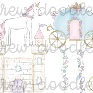 Castelo de Princesa Unicórnio em Pastel Aquarela - Conjunto de Clip Art Digital - Download Instantâneo