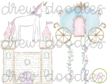Watercolor Pastel Princess Castle Unicorn- Digital Clip Art Set- Instant Download