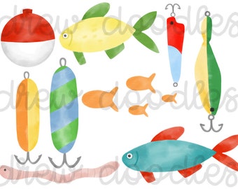 Watercolor Fishing Digital Clip Art Set- Instant Download