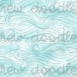 May include: Abstract seamless pattern with a blue watercolor background and black wavy lines. The pattern is reminiscent of water waves.