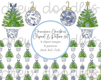 Watercolor Chinoiserie Christmas Trees Clip Art and Pattern COMBO- Instant Download