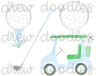Watercolor Blue and Green Golf, Golf Cart Digital Clip Art Set- Instant Download