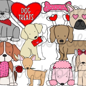 Valentine&#39;s Day Dogs Digital Clip Art Set- Color and Black Line COMBO- Instant Download