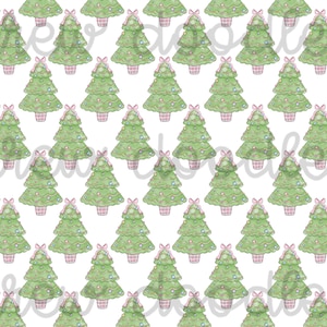 Könnte beinhalten: Ein nahtloses Muster mit einem sich wiederholenden Design aus grünen Weihnachtsbäumen mit rosa Schleifen und bunten Ornamenten. Die Bäume sind vor einem weißen Hintergrund angeordnet.