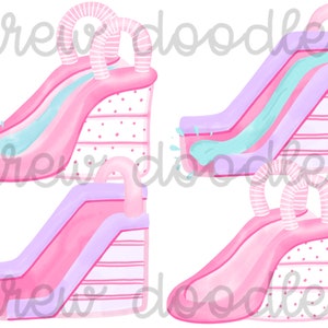 Watercolor Pink Water Slide, Inflatable Slide Digital Clip Art Set- Instant Download