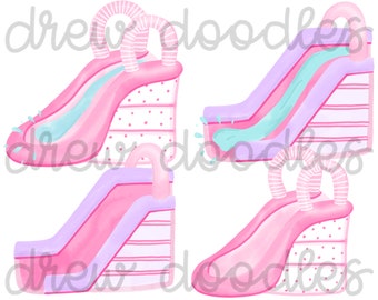 Watercolor Pink Water Slide, Inflatable Slide Digital Clip Art Set- Instant Download