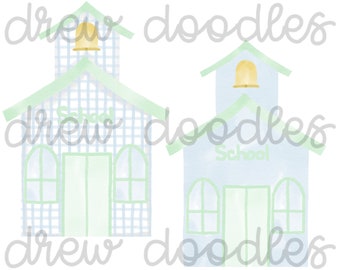 Watercolor Blue Gingham Pastel School Houses Digital Clip Art Set- Instant Download