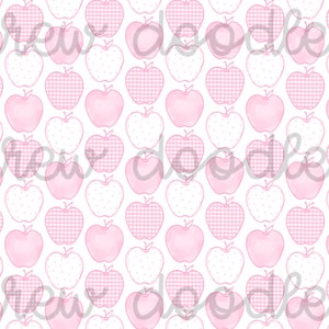 May include: A seamless pattern featuring pink apples with different patterns, including gingham and polka dots, on a white background.