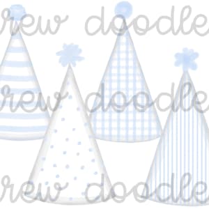 Watercolor Blue Gingham Bitty Dot Birthday Hats Digital Clip Art Set- Instant Download