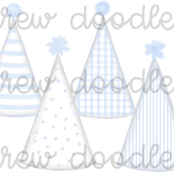 Watercolor Blue Gingham Bitty Dot Birthday Hats Digital Clip Art Set- Instant Download