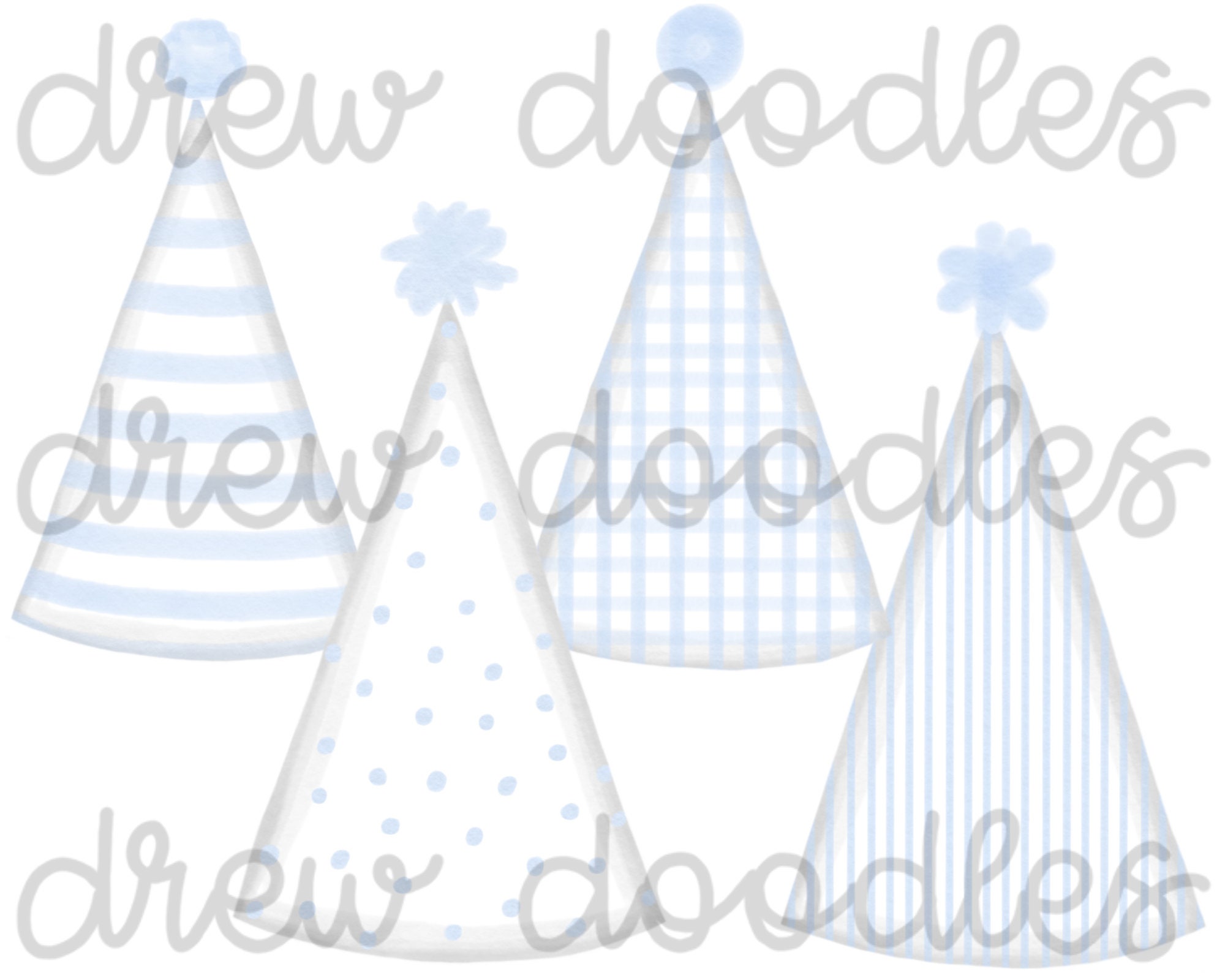 Watercolor Blue Gingham Bitty Dot Birthday Hats Digital Clip Art Set ...