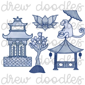 Watercolor Chinoiserie- Digital Clip Art Set- Instant Download