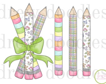 Watercolor Floral Pencils with Bows Digital Clip Art Set- Instant Download