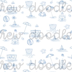 Watercolor Blue Beach Coastal Toile Print Digital Papers Backgrounds 4x6 an 5x7- Instant Download