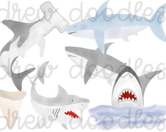 Watercolor Sharks Digital Clip Art Set- Instant Download