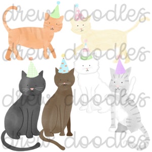 Watercolor Birthday Cats Family Digital Clip Art Set- Instant Download