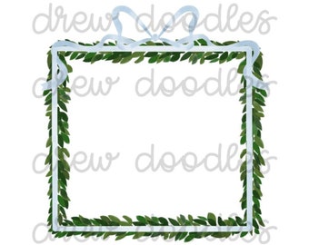 Moldura de buxo com laço azul em aquarela - Conjunto de clipart digital - Download instantâneo