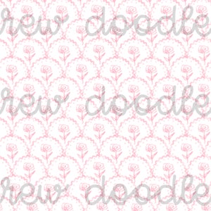 May include: A seamless pattern featuring pink floral designs on a white background. The pattern includes small pink dots and larger pink floral designs with a scalloped edge.