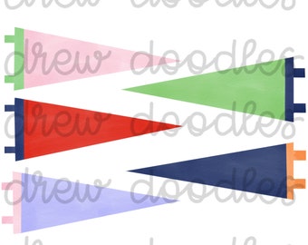 Watercolor Pennant Flags Digital Clip Art Set- Instant Download