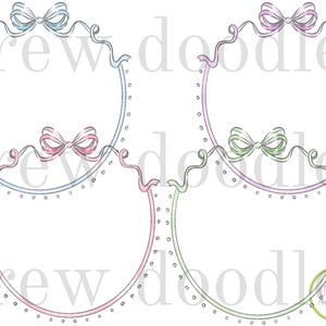 May include: Four circular frames with dotted borders and decorative bows at the top. The frames are colored in light blue, light purple, pink, and light green. The text "drew doodles" is repeated in a light gray watermark across the image.