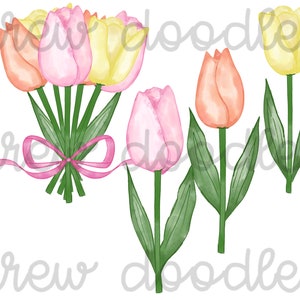 Conjunto de clipart digital de flores em aquarela e tulipas - download instantâneo