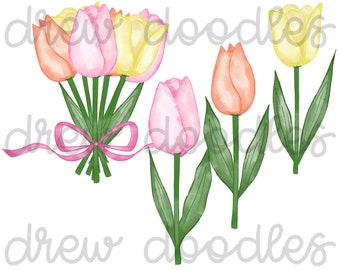 Watercolor Flowers Tulips Digital Clip Art Set- Instant Download