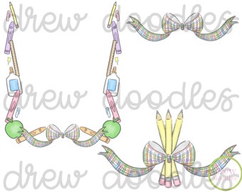 Watercolor Pastel Plaid School Teacher Frames and Bows Digital Clip Art Set- Instant Download