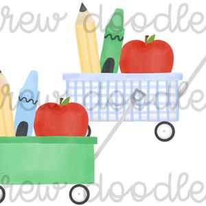 Conjunto de clipart digital de carrinho escolar para meninos em aquarela azul guingão e verde - download instantâneo