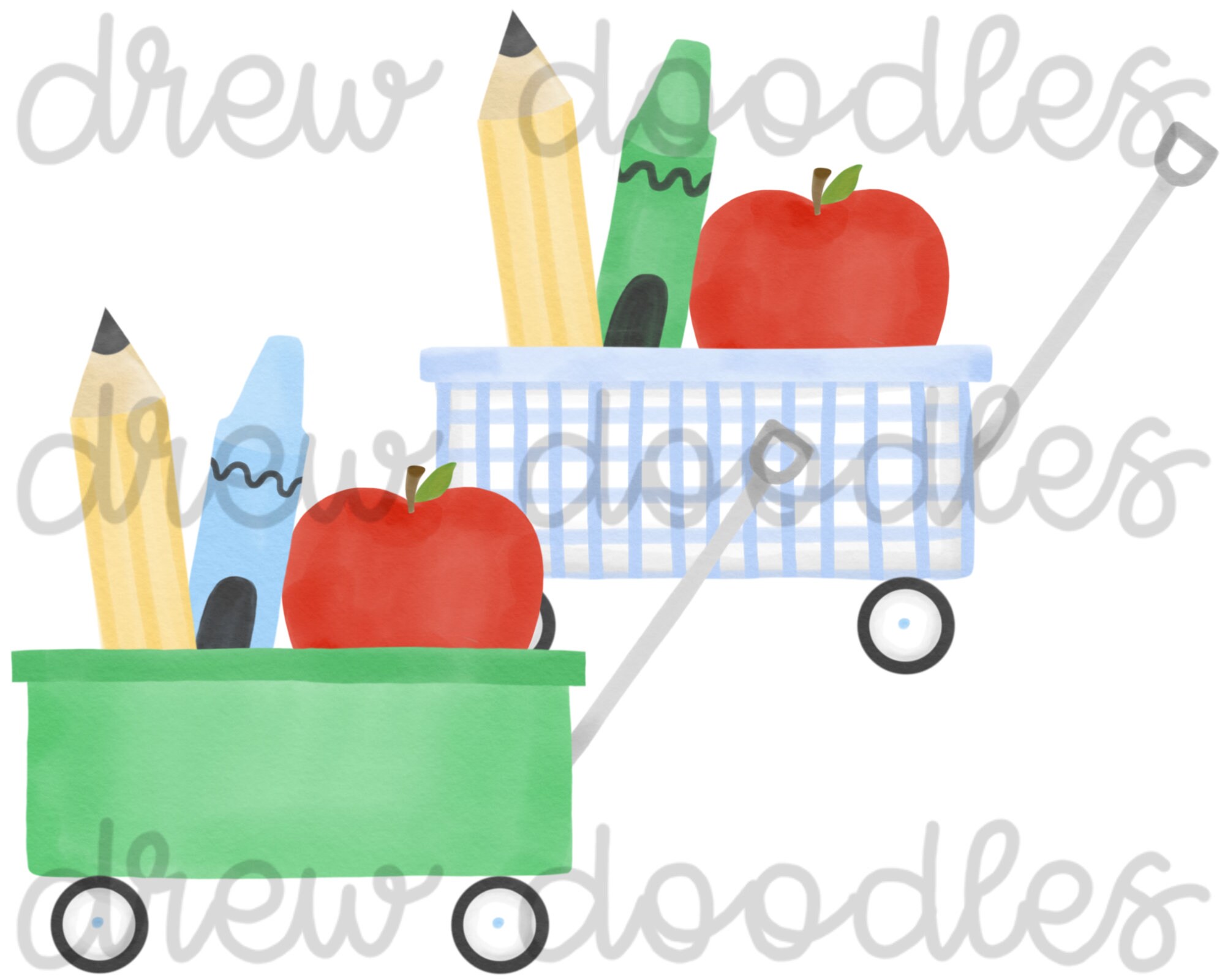 Watercolor Blue Gingham and Green Boys School Wagon Digital Clip Art Set- Instant Download