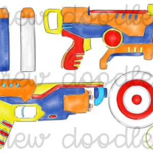 May include: A set of watercolor illustrations of toy guns and a target. The guns are blue, yellow, orange, and red. The target is red and white.