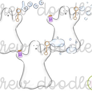 Peut inclure: Trois fantômes blancs soufflant des bulles avec des baguettes et des bouteilles de solution à bulles. Les fantômes sont dessinés dans un style cartoon avec des lignes simples et un aspect fantaisiste.