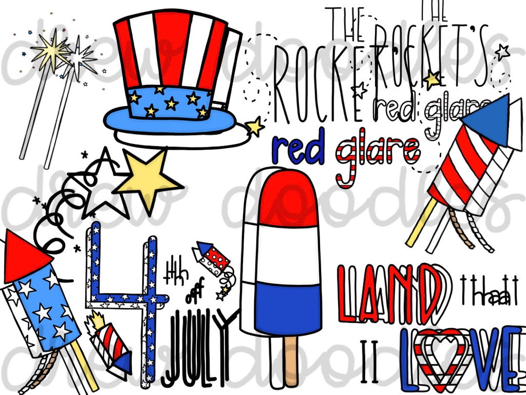 Patriotic Doodles Digital Clip Art Set Color and Black Line COMBO