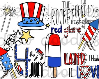 Patriotic Doodles Digital Clip Art Set- Color and Black Line COMBO- Instant Download