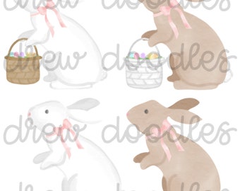 Watercolor Easter Bunnies with Pink Bow Digital Clip Art Set- Instant Download