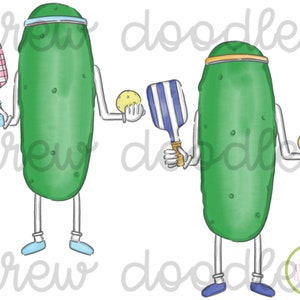 Watercolor Pickles Playing Pickleball Digital Clip Art Set- Instant Download