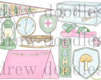 Watercolor Girl Camping Summer Camp Scouts Digital Clip Art Set- Instant Download