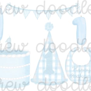 Watercolor Gingham Baby Boy First Birthday Digital Clip Art Set- Instant Download