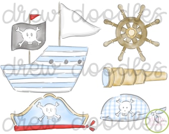 Watercolor Light Blue Pirate Set Digital Clip Art Set- Instant Download