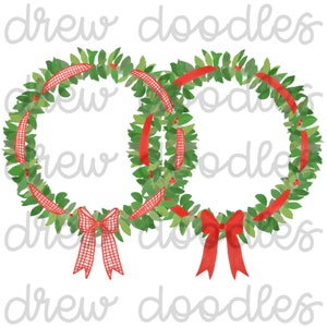 May include: Two green wreaths with red and white gingham ribbon bows. The wreaths are intertwined and have red ribbon accents.
